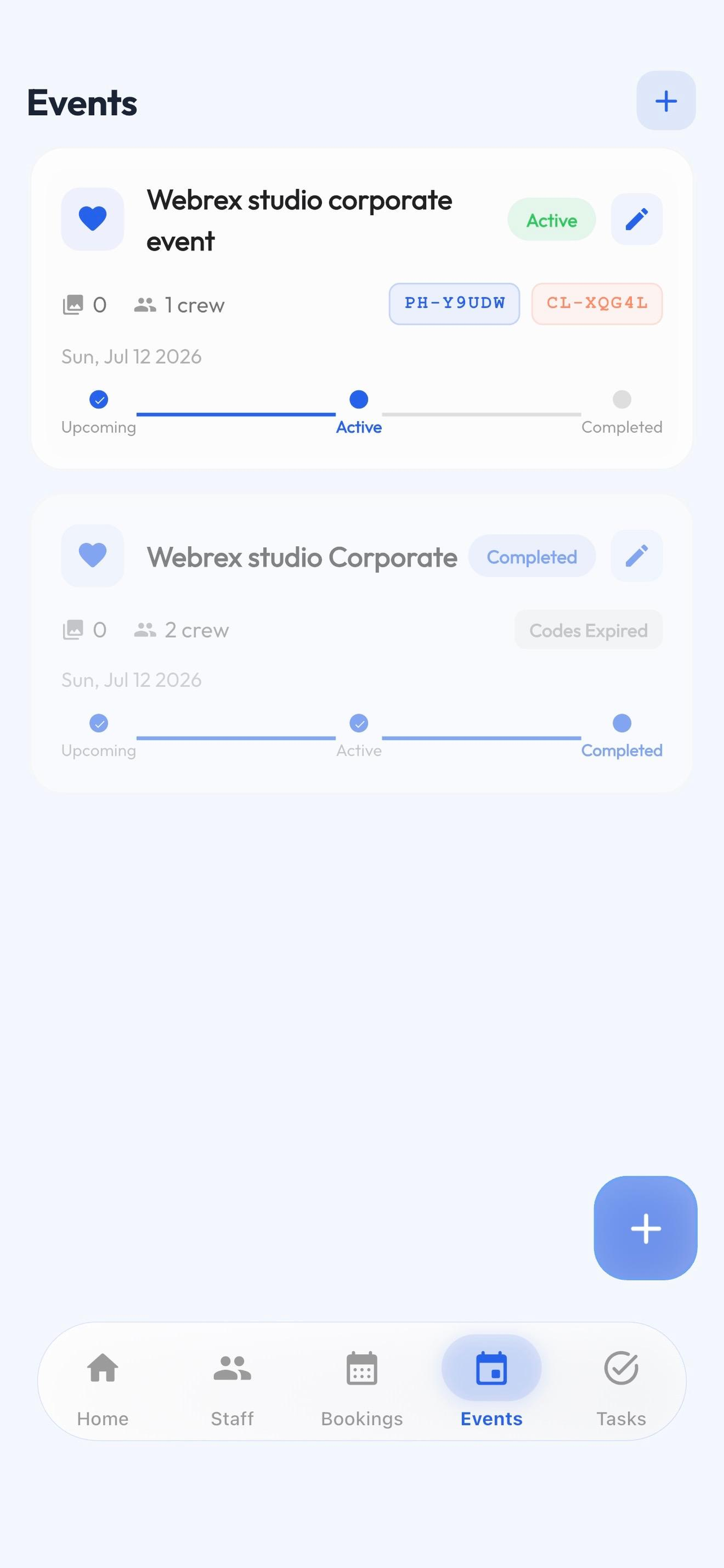 Events list with live status
